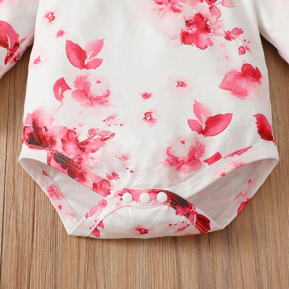 2pcs Baby Girl Allover Floral Print Long-sleeve Romper and Layered Ruffle Trim Pants Set White big image 7