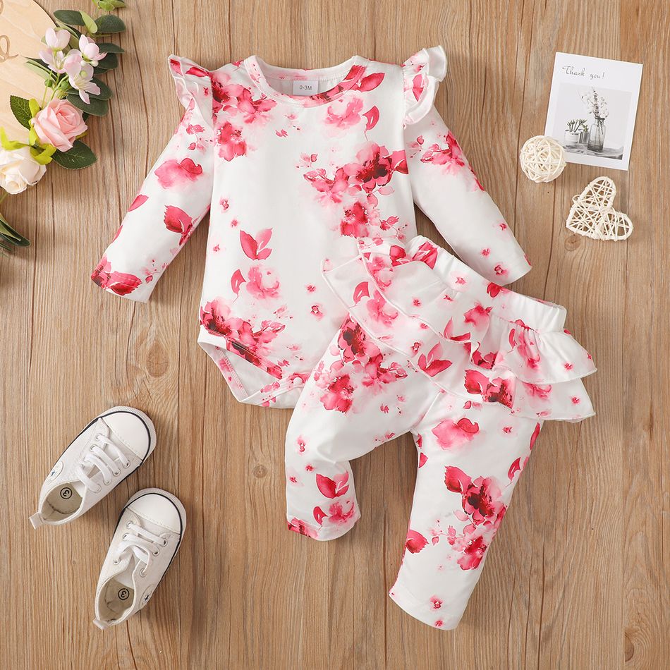 2pcs Baby Girl Allover Floral Print Long-sleeve Romper and Layered Ruffle Trim Pants Set White big image 3