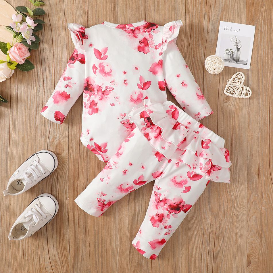 2pcs Baby Girl Allover Floral Print Long-sleeve Romper and Layered Ruffle Trim Pants Set White big image 2