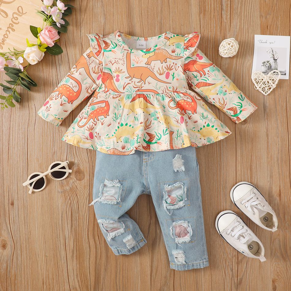 2pcs Baby Girl 95% Cotton Ripped Jeans & Allover Dinosaur Print Ruffle Long-sleeve Top Set Multi-color big image 3