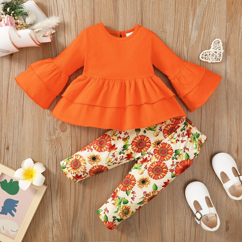 2pcs Baby Girl 95% Cotton Flare-sleeve Layered Ruffle Hem Top and Allover Sunflower Floral Print Leggings Set Orange big image 3