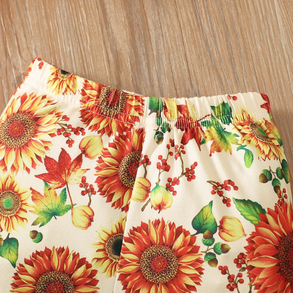 2pcs Baby Girl 95% Cotton Flare-sleeve Layered Ruffle Hem Top and Allover Sunflower Floral Print Leggings Set Orange big image 7