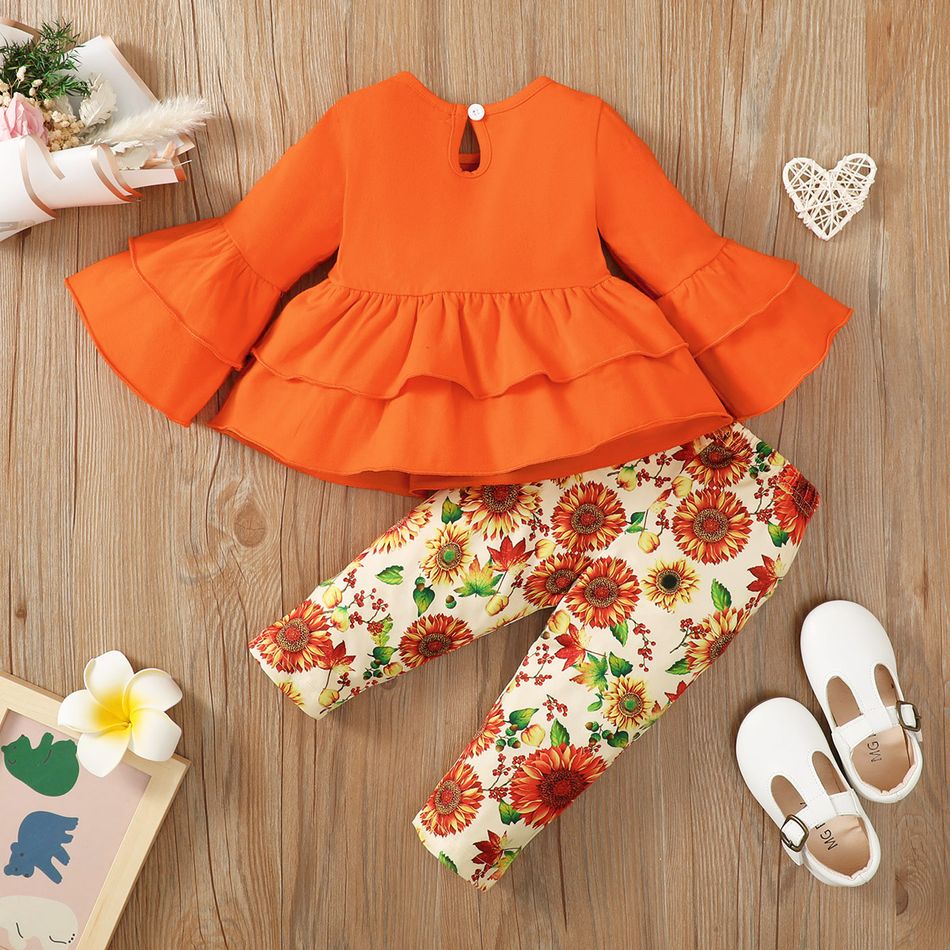 2pcs Baby Girl 95% Cotton Flare-sleeve Layered Ruffle Hem Top and Allover Sunflower Floral Print Leggings Set Orange big image 2