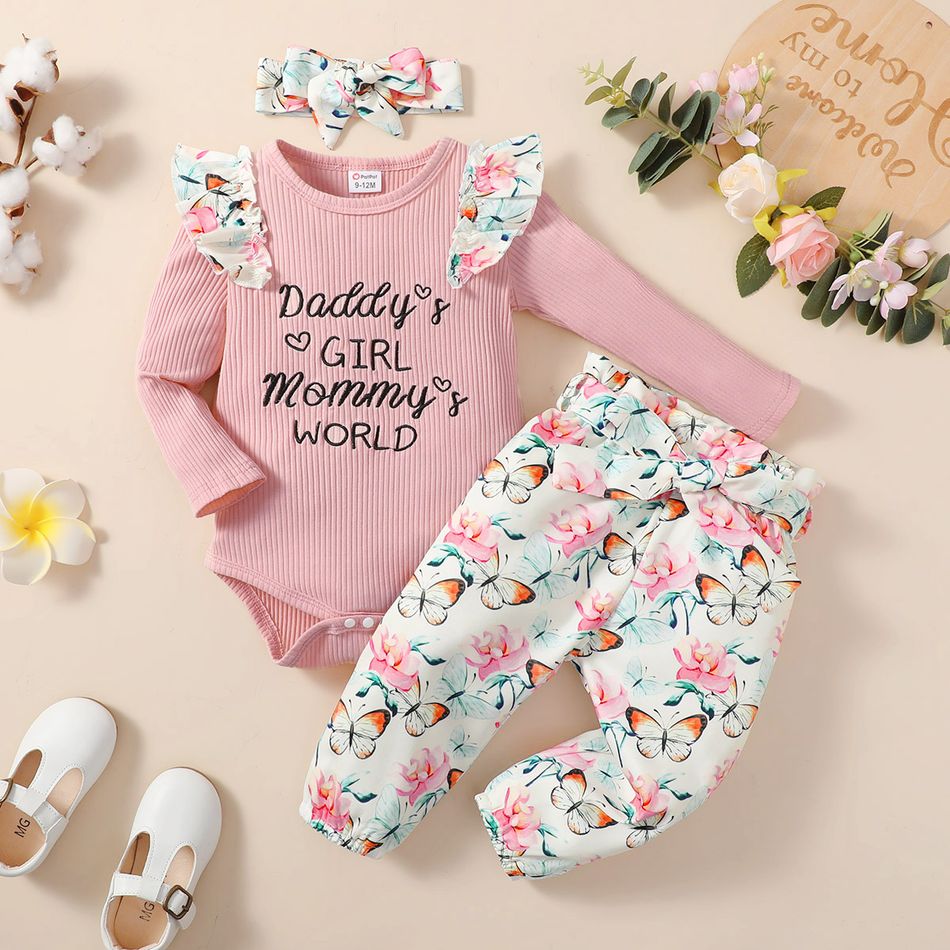 3pcs Baby Girl 95% Cotton Ribbed Letter Embroidered Ruffle Long-sleeve Romper and Allover Butterfly Print Pants with Headband Set Pink big image 10