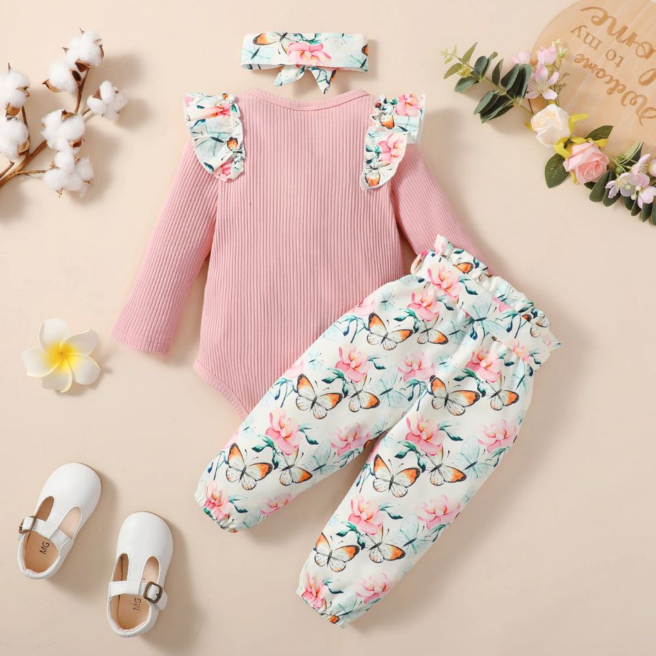 3pcs Baby Girl 95% Cotton Ribbed Letter Embroidered Ruffle Long-sleeve Romper and Allover Butterfly Print Pants with Headband Set Pink big image 2