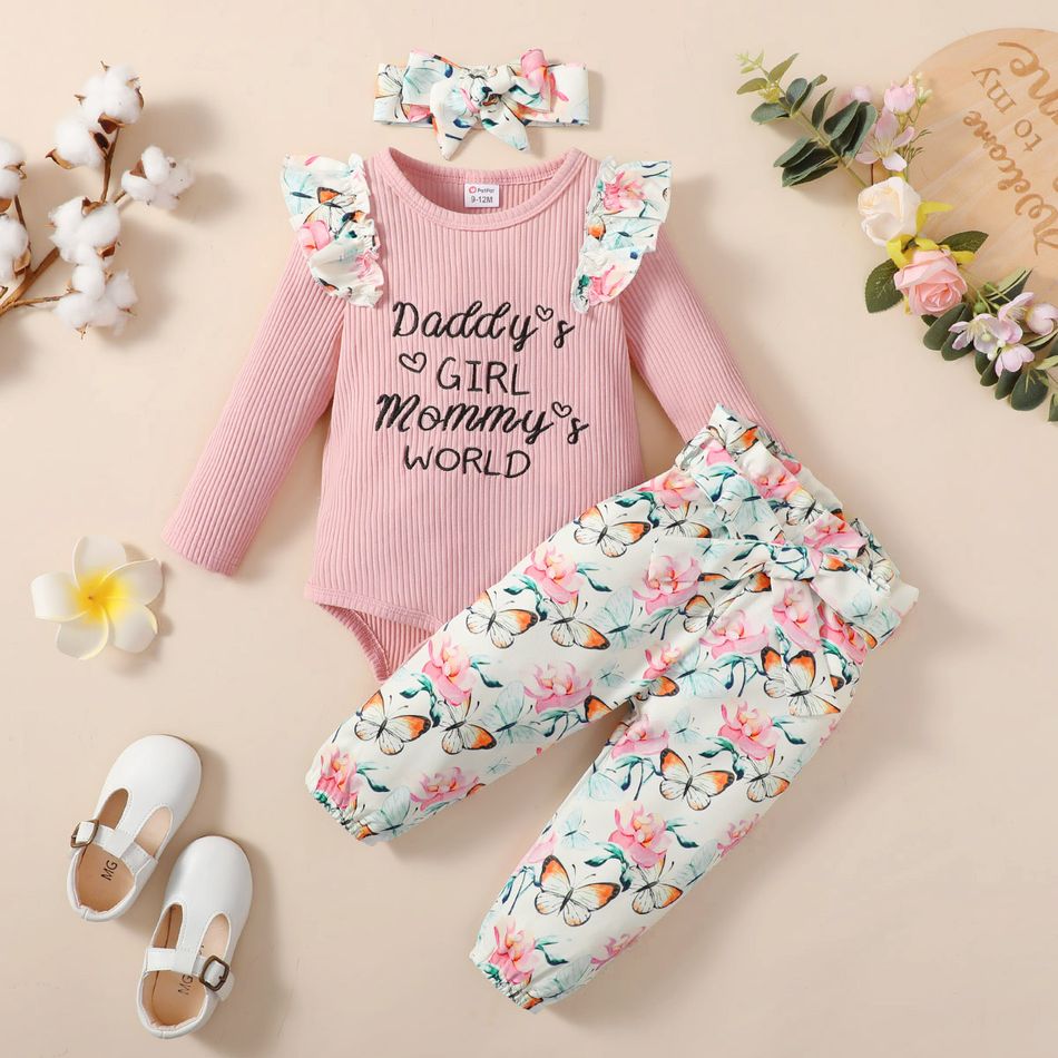 3pcs Baby Girl 95% Cotton Ribbed Letter Embroidered Ruffle Long-sleeve Romper and Allover Butterfly Print Pants with Headband Set Pink