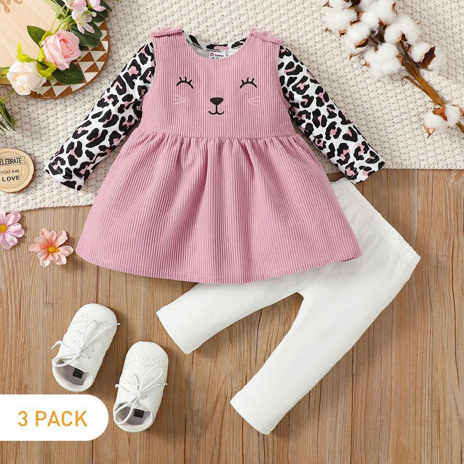 3pcs Baby Girl 95% Cotton Solid Pants and Leopard Long-sleeve Romper with Cat Embroidered Tank Dress Set Pink big image 2