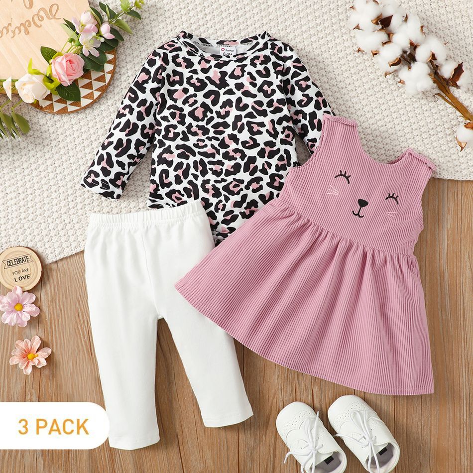3pcs Baby Girl 95% Cotton Solid Pants and Leopard Long-sleeve Romper with Cat Embroidered Tank Dress Set Pink