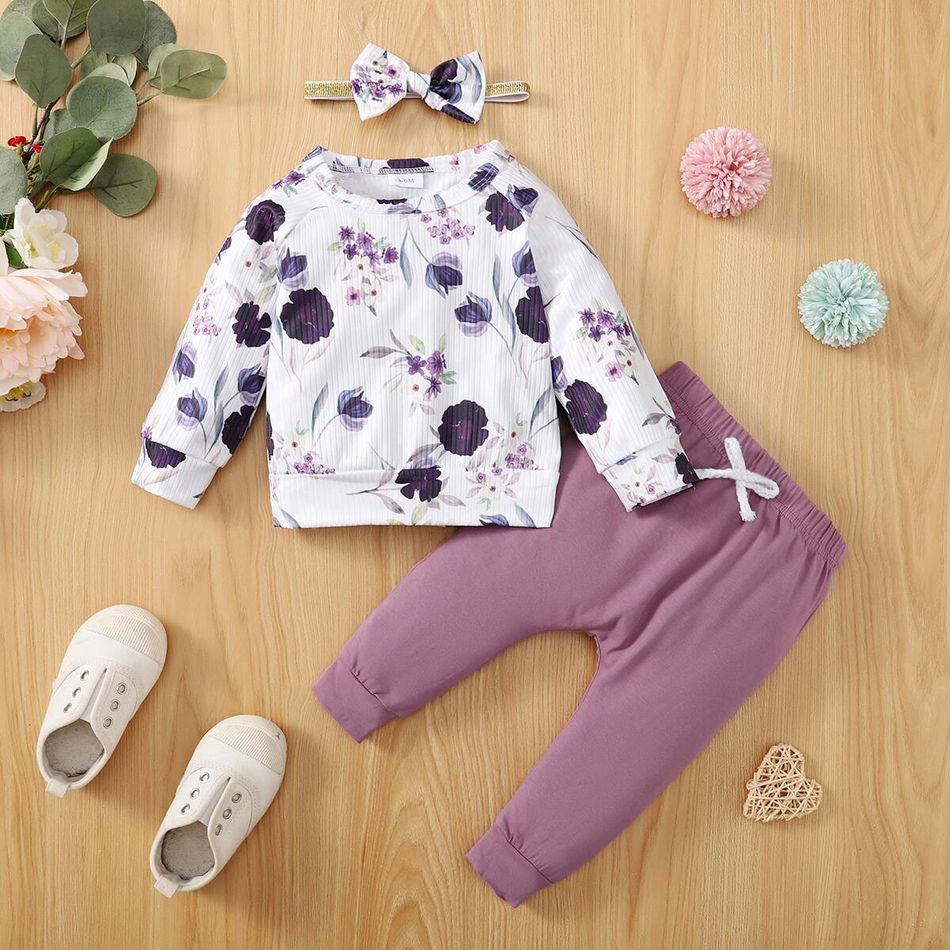 3pcs Baby Girl 95% Cotton Pants and Allover Floral Print Rib Knit Long-sleeve Pullover with Headband Set Multi-color big image 6