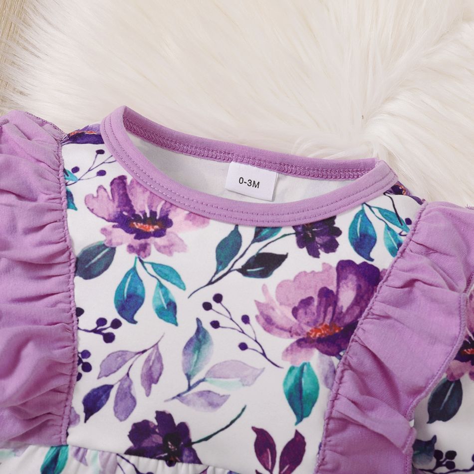 Baby Girl Allover Floral Print Purple Ruffle Trim Long-sleeve Jumpsuit Light Purple big image 3