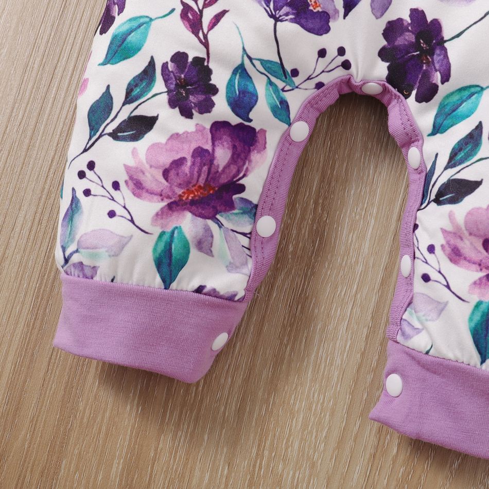 Baby Girl Allover Floral Print Purple Ruffle Trim Long-sleeve Jumpsuit Light Purple big image 5