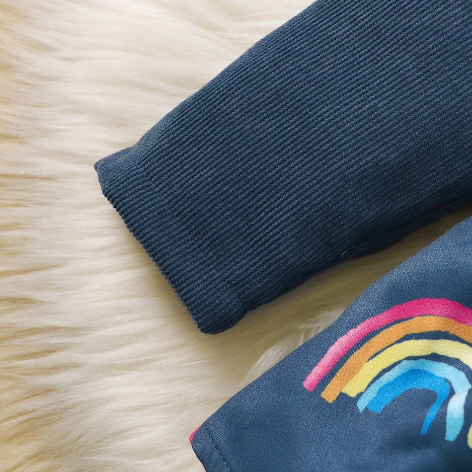 2pcs Baby Girl Rainbow Print Spliced Solid Long-sleeve Corduroy Romper & Headband Set Blue big image 5