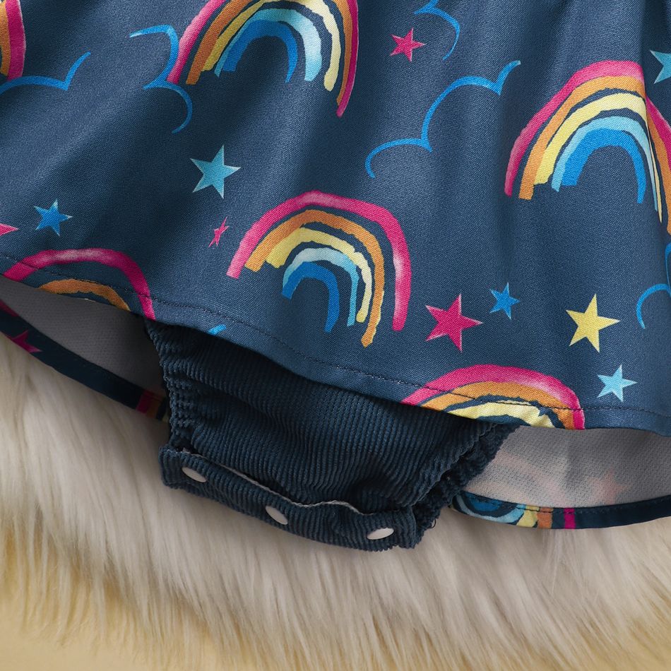 2pcs Baby Girl Rainbow Print Spliced Solid Long-sleeve Corduroy Romper & Headband Set Blue big image 6