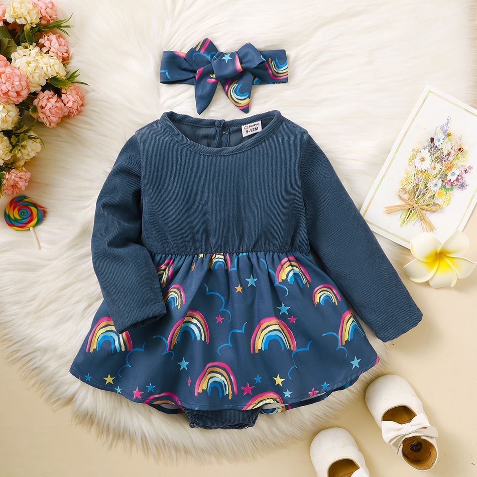 2pcs Baby Girl Rainbow Print Spliced Solid Long-sleeve Corduroy Romper & Headband Set Blue