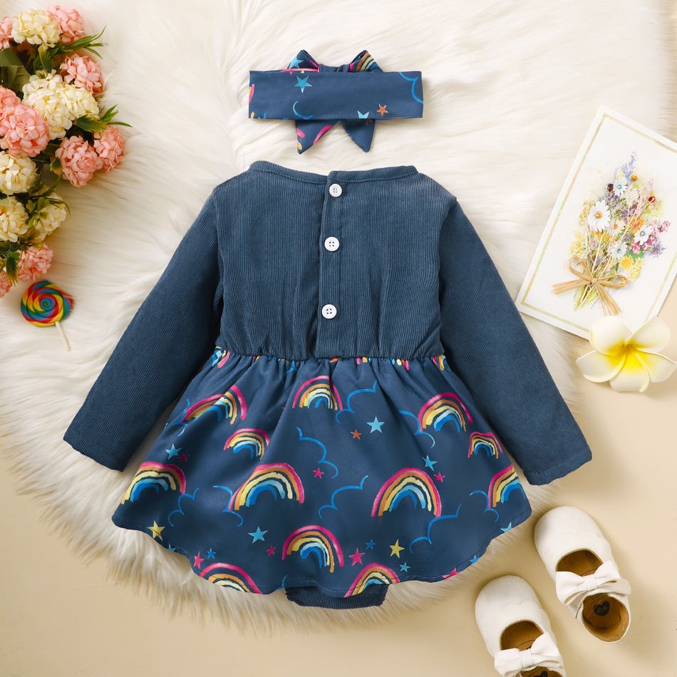 2pcs Baby Girl Rainbow Print Spliced Solid Long-sleeve Corduroy Romper & Headband Set Blue big image 2