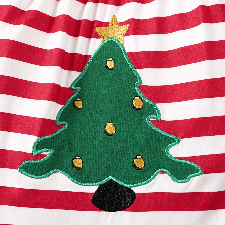عيد الميلاد طفلة شجرة عيد الميلاد المطرزة الأحمر كشكش طويلة الأكمام الجرس السفلي بذلة مخطط أحمر big image 3