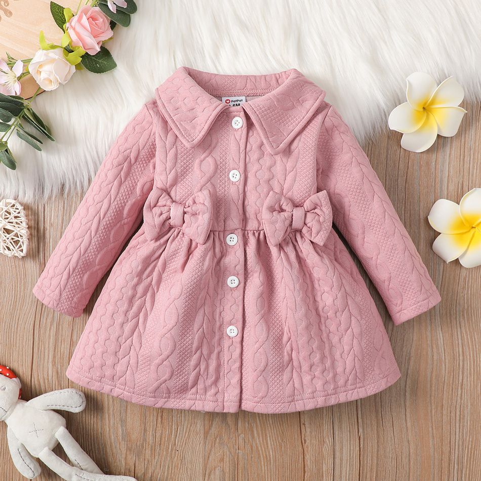 Baby Girl Pink Thickened Textured Bow Front Long-sleeve Button Dress Pink