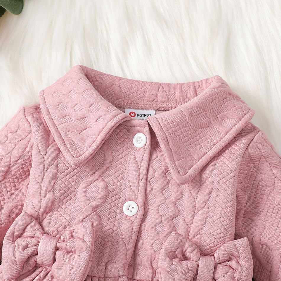 Baby Girl Pink Thickened Textured Bow Front Long-sleeve Button Dress Pink big image 4