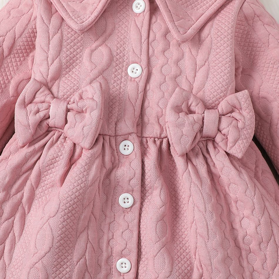 Baby Girl Pink Thickened Textured Bow Front Long-sleeve Button Dress Pink big image 5