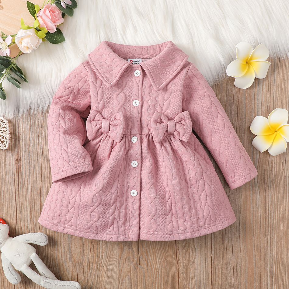 Baby Girl Pink Thickened Textured Bow Front Long-sleeve Button Dress Pink big image 3