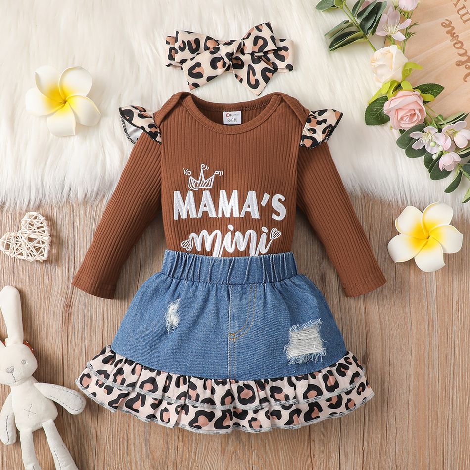 3pcs Baby Girl 95% Cotton Letter Embroidered Long-sleeve Ribbed Romper and Leopard Print Ruffle Hem Spliced Denim Ripped Skirt & Headband Set dilutebrown big image 3