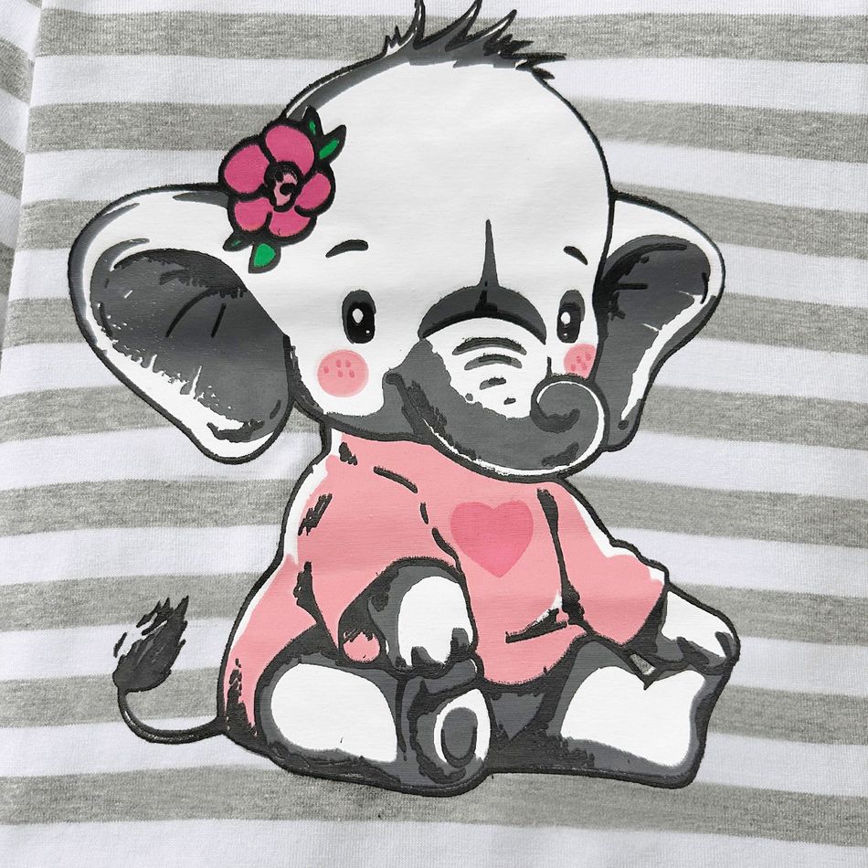 2pcs Baby Girl 95% Cotton Long-sleeve Cartoon Elephant Print Grey Striped Top and Trousers Set Light Grey big image 2