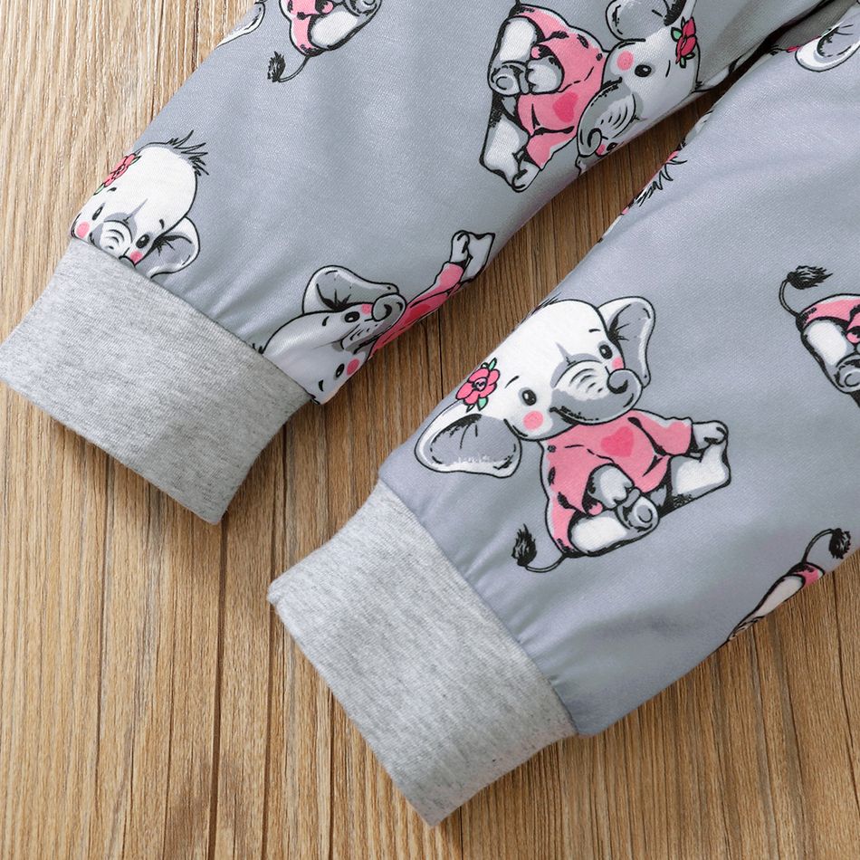2pcs Baby Girl 95% Cotton Long-sleeve Cartoon Elephant Print Grey Striped Top and Trousers Set Light Grey big image 4