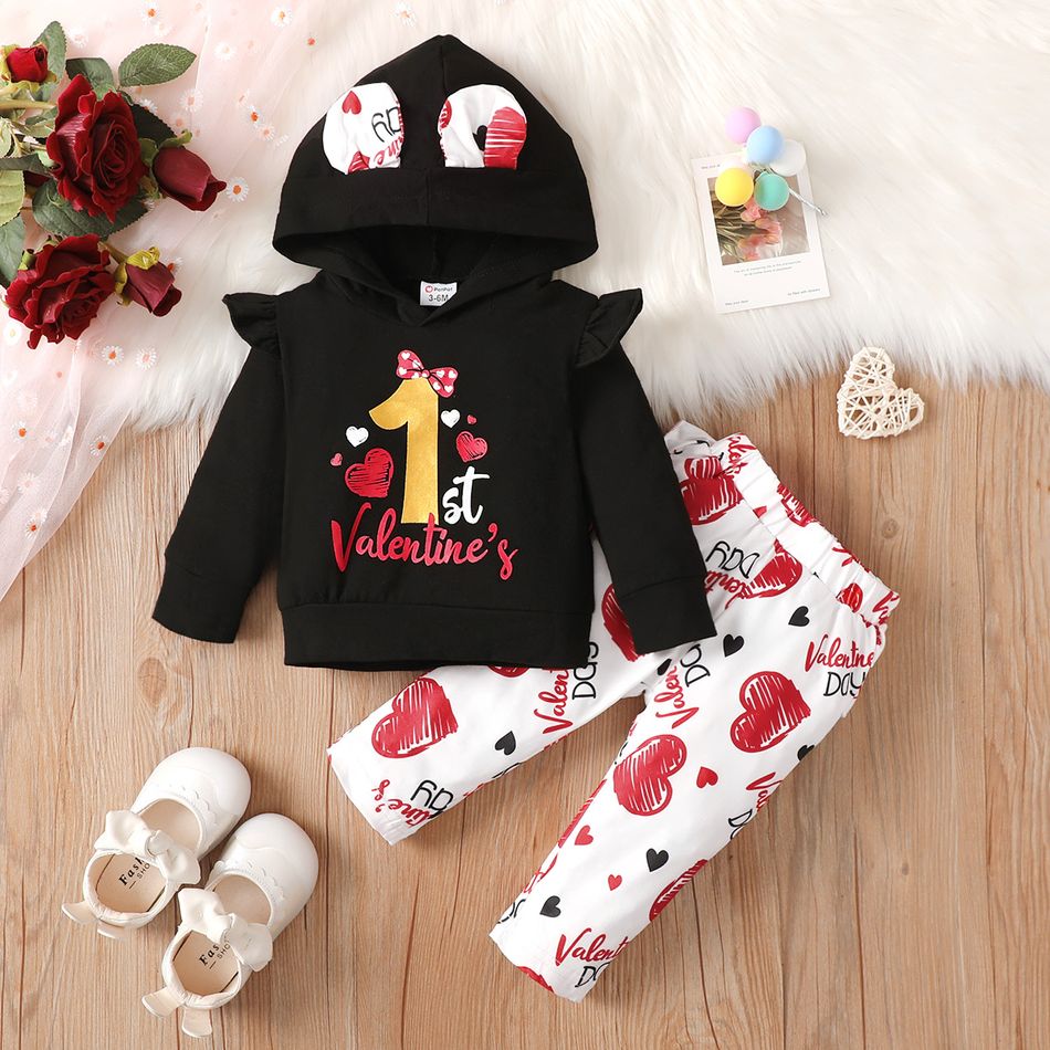 Valentine's Day 2pcs Baby Girl 95% Cotton Letter Graphic Ruffle Long-sleeve 3D Ears Hoodie and Allover Heart Print Ruffle Trim Pants Set redblack big image 1