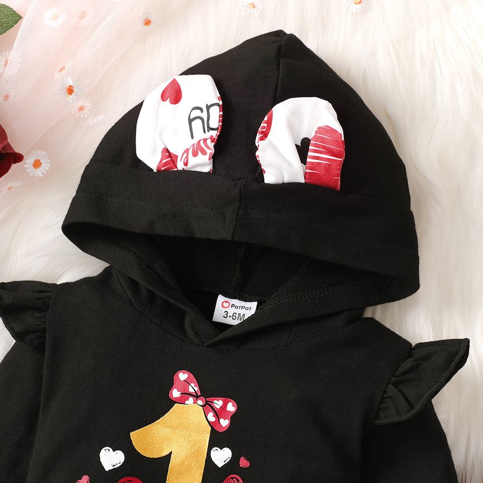 Valentine's Day 2pcs Baby Girl 95% Cotton Letter Graphic Ruffle Long-sleeve 3D Ears Hoodie and Allover Heart Print Ruffle Trim Pants Set redblack big image 4