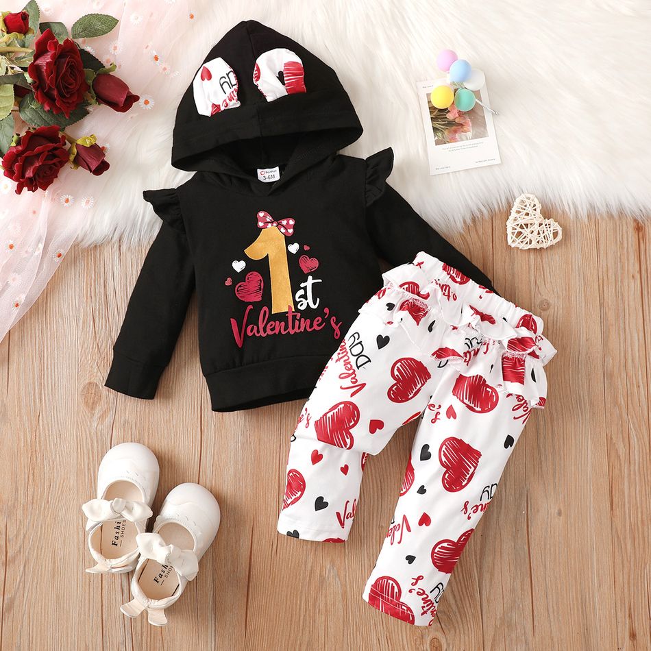 Valentine's Day 2pcs Baby Girl 95% Cotton Letter Graphic Ruffle Long-sleeve 3D Ears Hoodie and Allover Heart Print Ruffle Trim Pants Set redblack big image 3