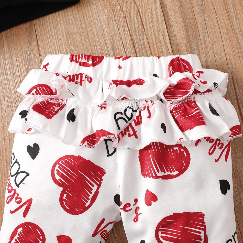 Valentine's Day 2pcs Baby Girl 95% Cotton Letter Graphic Ruffle Long-sleeve 3D Ears Hoodie and Allover Heart Print Ruffle Trim Pants Set redblack big image 7