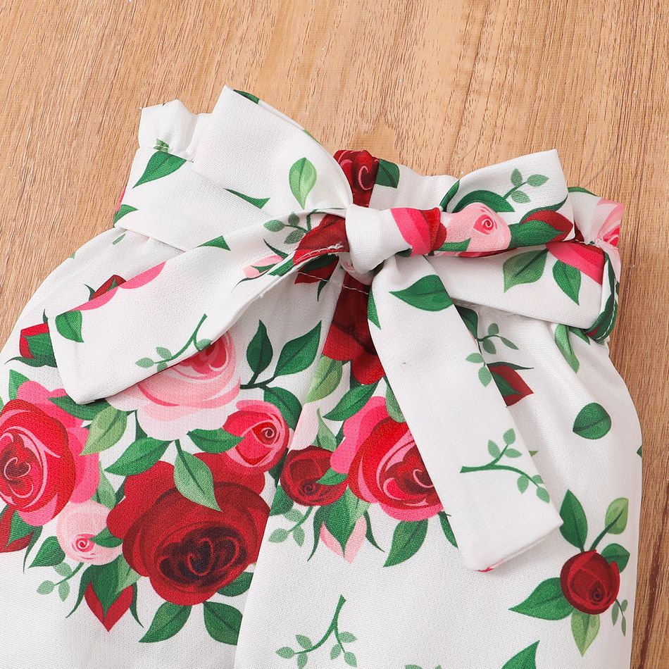 3pcs Baby Girl 95% Cotton Ribbed Short-sleeve Twist Knot Crop Top and Floral Print Pants & Belt Set Red big image 8
