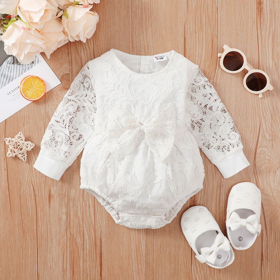 Baby Girl Bow Front Solid Lace Long-sleeve Romper White big image 6