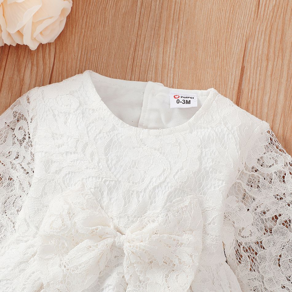 Baby Girl Bow Front Solid Lace Long-sleeve Romper White big image 4