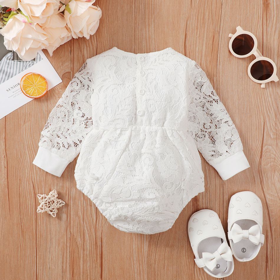 Baby Girl Bow Front Solid Lace Long-sleeve Romper White