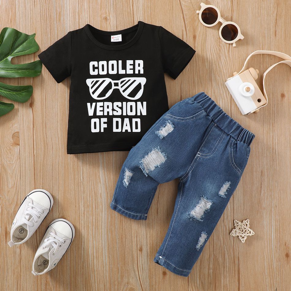 2pcs Baby Girl 95% Cotton Sunglass & Letter Print Short-sleeve Tee and Ripped Jeans Set Black