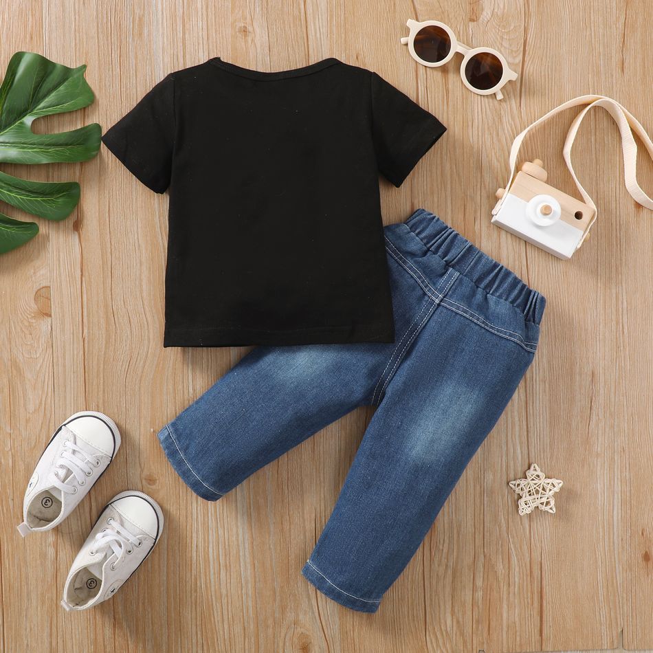 2pcs Baby Girl 95% Cotton Sunglass & Letter Print Short-sleeve Tee and Ripped Jeans Set Black big image 2