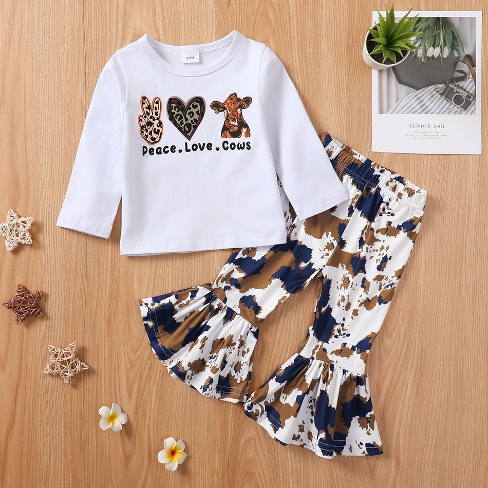 2pcs Baby Girl 95% Cotton Long-sleeve Graphic Tee and Allover Print Flared Pants Set White