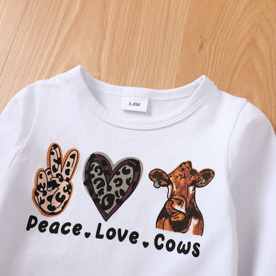 2pcs Baby Girl 95% Cotton Long-sleeve Graphic Tee and Allover Print Flared Pants Set White big image 2