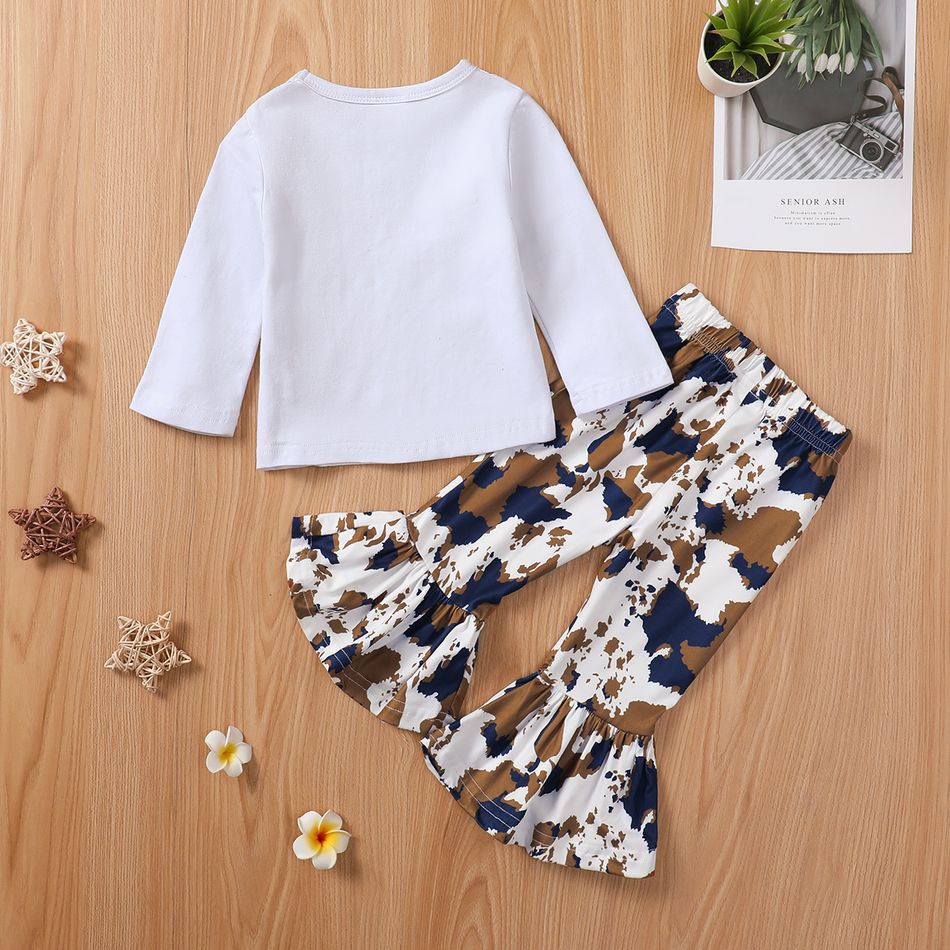 2pcs Baby Girl 95% Cotton Long-sleeve Graphic Tee and Allover Print Flared Pants Set White big image 7
