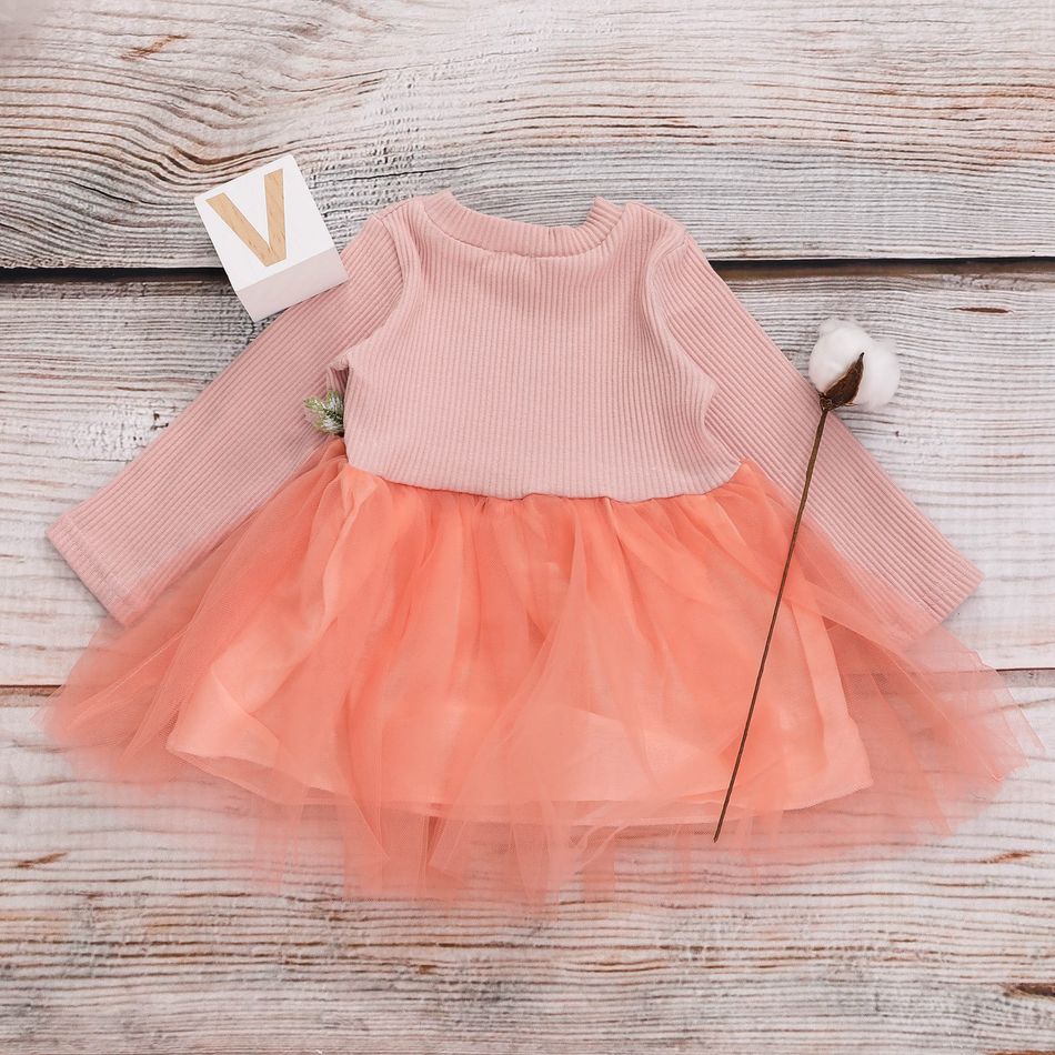 100% Cotton Floral Pattern Mesh Layered Long-sleeve Baby Dress Pink big image 2