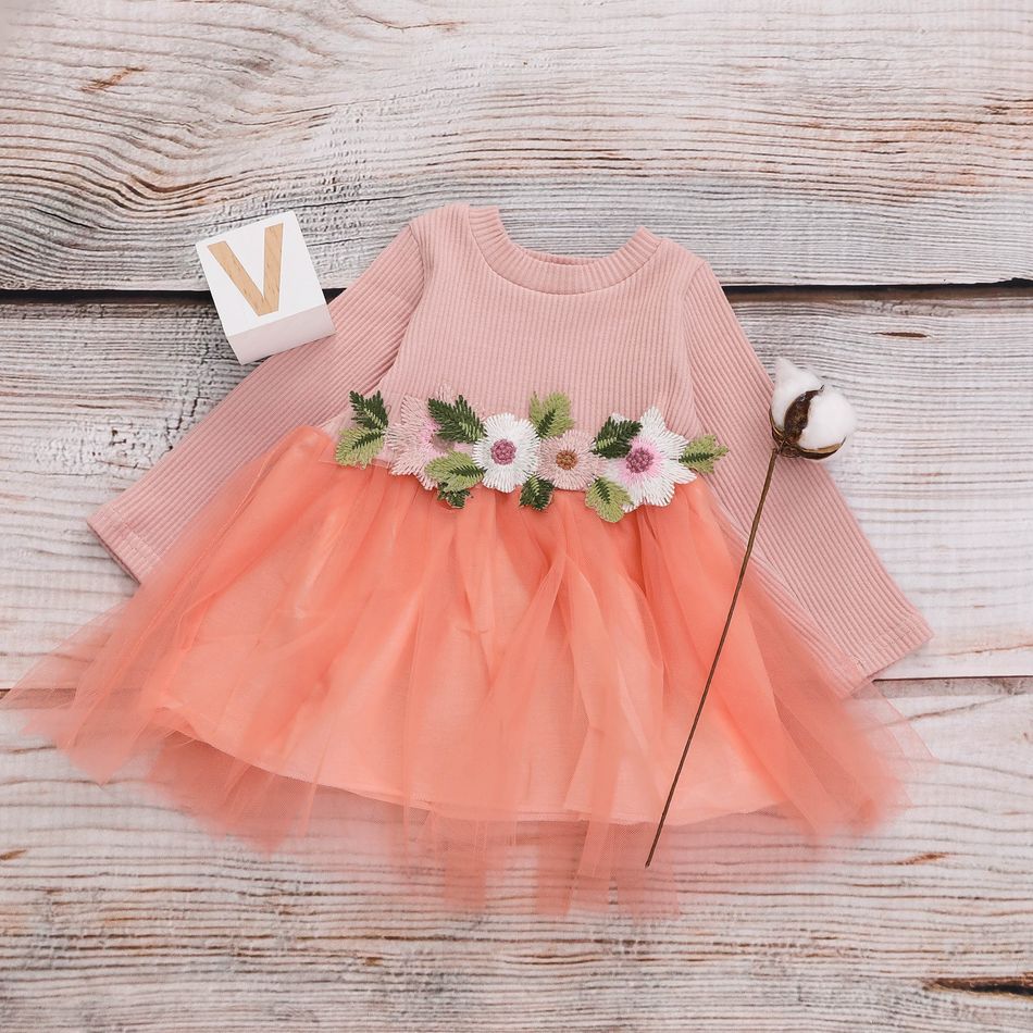100% Cotton Floral Pattern Mesh Layered Long-sleeve Baby Dress Pink big image 5