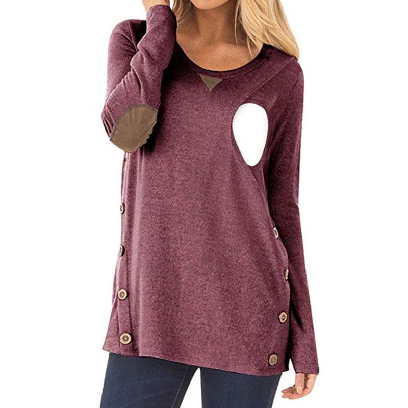 Casual Patched Long-sleeve Nursing Top Burgundy big image 1
