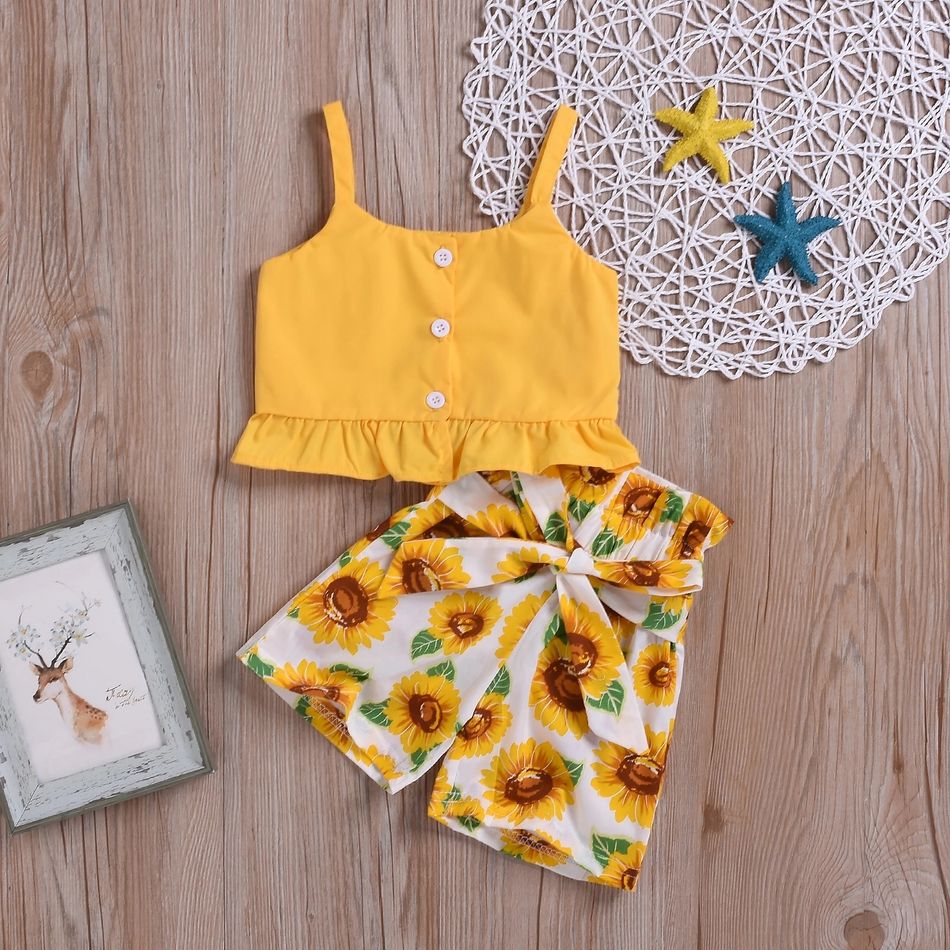 2pcs Baby Girl 95% Cotton Spaghetti Strap Button Up Ruffle Top and Sunflower Print Shorts Set Yellow big image 1