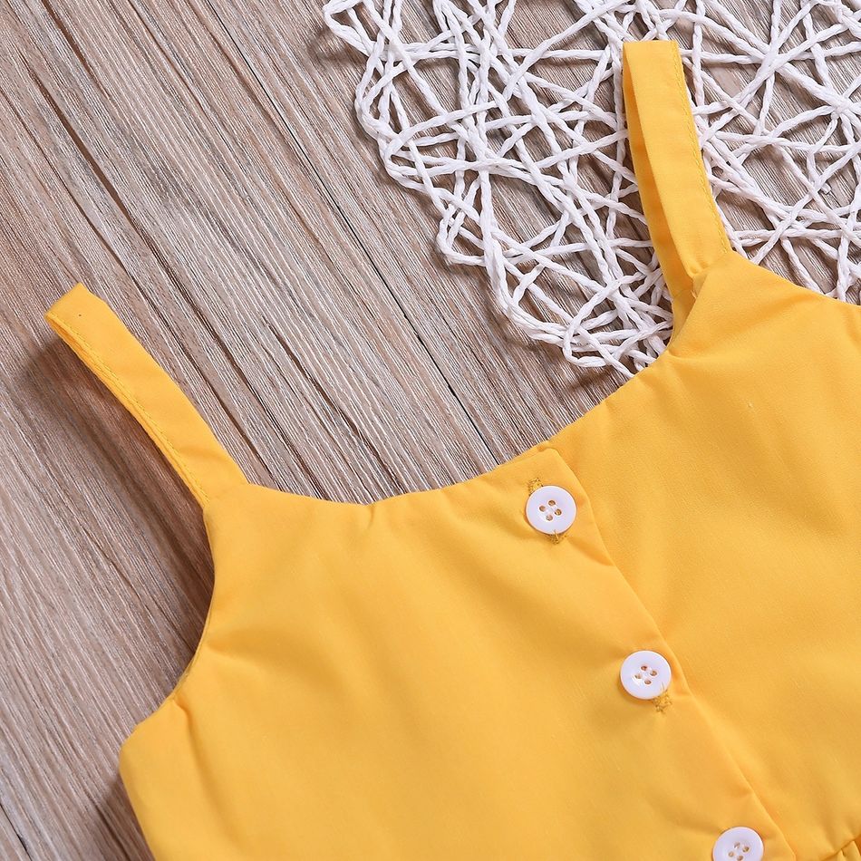2pcs Baby Girl 95% Cotton Spaghetti Strap Button Up Ruffle Top and Sunflower Print Shorts Set Yellow big image 2