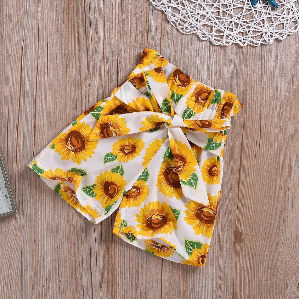 2pcs Baby Girl 95% Cotton Spaghetti Strap Button Up Ruffle Top and Sunflower Print Shorts Set Yellow big image 4