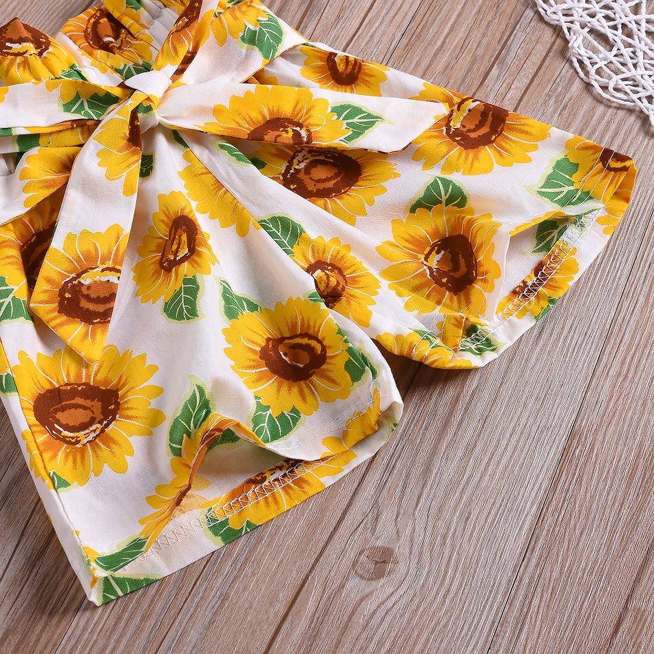 2pcs Baby Girl 95% Cotton Spaghetti Strap Button Up Ruffle Top and Sunflower Print Shorts Set Yellow big image 5