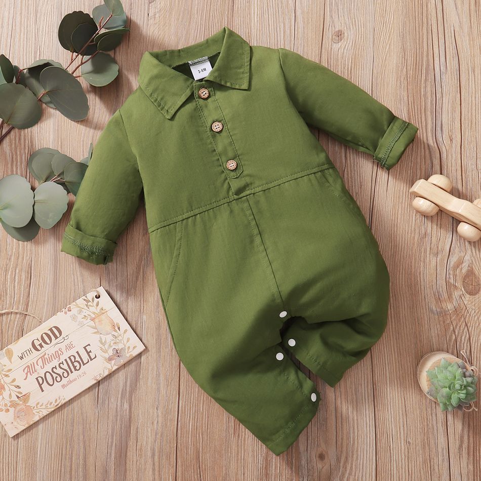 Solid Lapel Collar Long-sleeve Baby Jumpsuit Army green