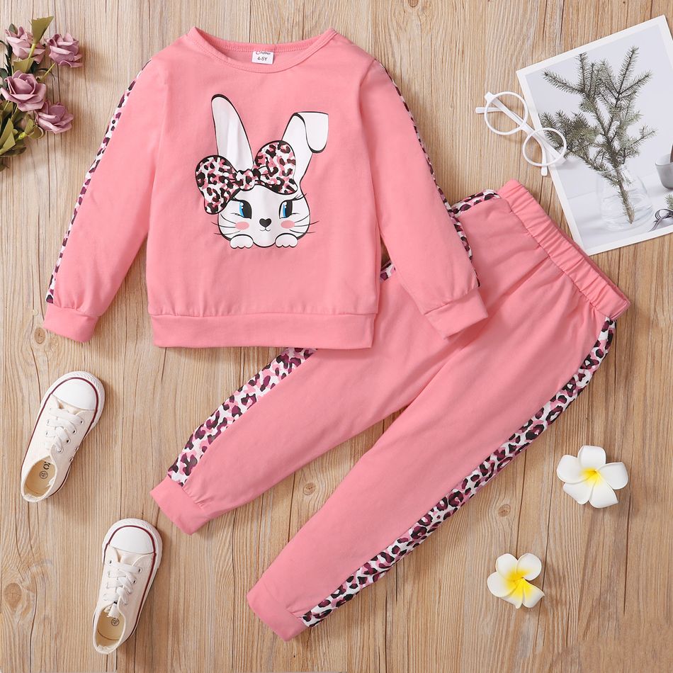 2-piece Kid Girl Cute Rabbit Leopard Print Pullover and Elasticized Pants Casual Set Pink big image 7