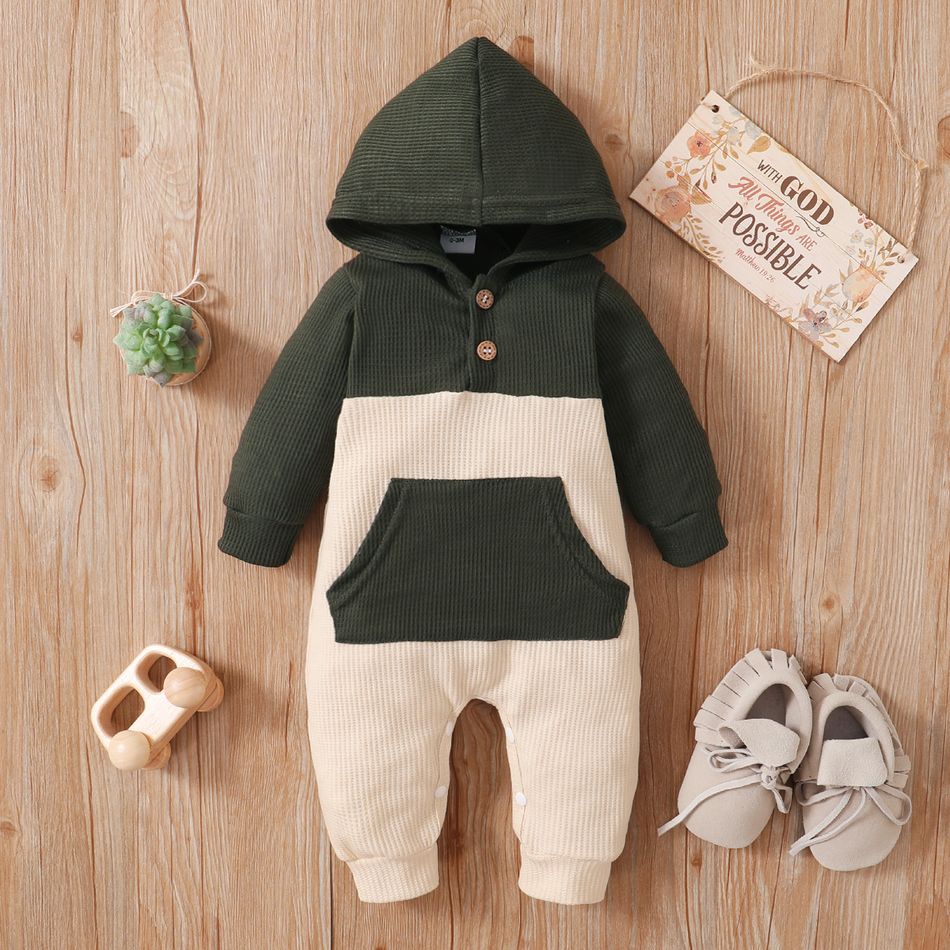 Waffle Colorblock Long-sleeve Hooded Baby Jumpsuit Army green big image 2